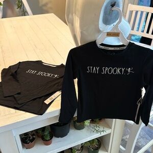 5 and 6 Rae Dunn long sleeve T shirts black with skeleton stay spooky NWT